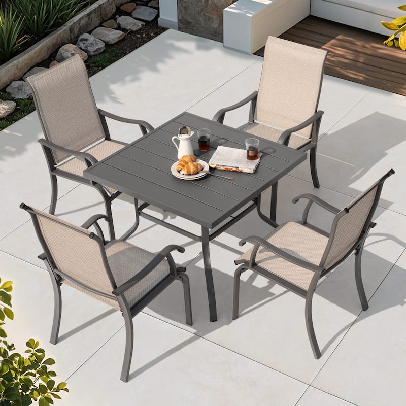 Patio Metal Textilene Dining Set of 5 with Umbrella Hole and High Backrest