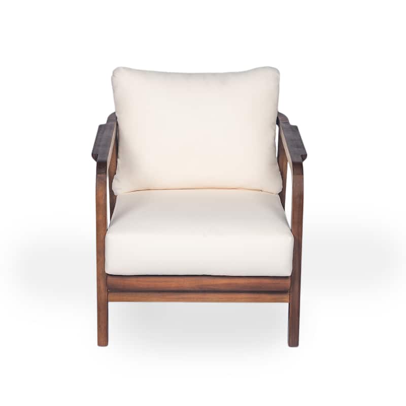 28" Outdoor Lounge Chair with Woven Backrest, Solid Wood Frame, Comfortable Cushions, and Curved Armrests for Patio or Garden