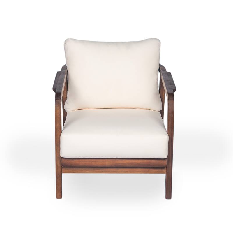 28" Outdoor Lounge Chair with Woven Backrest, Solid Wood Frame, Comfortable Cushions, and Curved Armrests