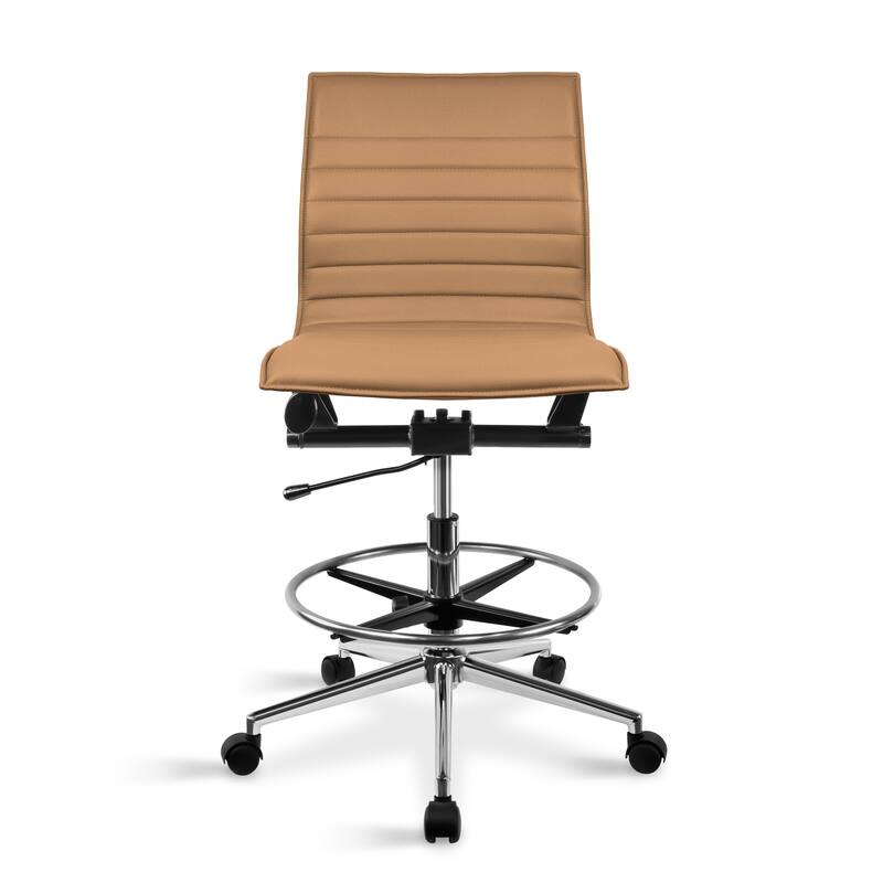Modern Drafting Chair Upholstered PU Leather Ribbed Armless Mid Back with Tall Adjustable Base & Leg Rest - Tan