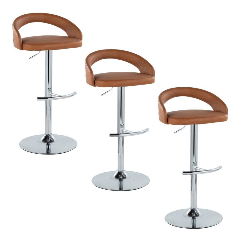 Grotto Upholstered Adjustable Barstool with Chrome Metal - Set Of 3 - Camel Faux Leather