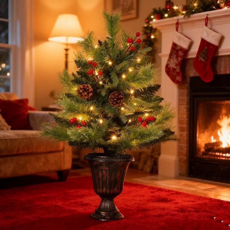 2 Ft Tabletop Christmas Tree Artificial Mini Xmas Tree with Pine Cones and Red Berries with 40 Lights - N/A - Green