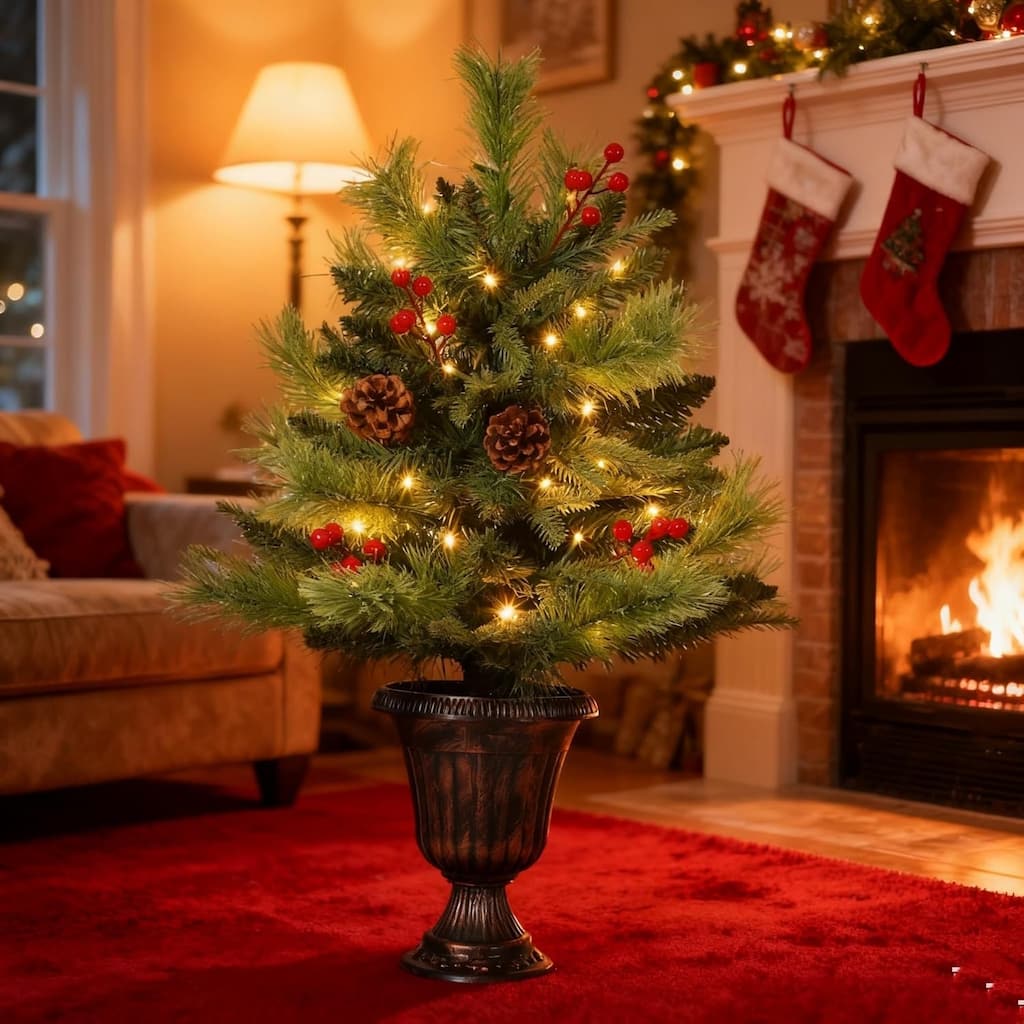 3 Ft Tabletop Christmas Tree Artificial Mini Xmas Tree with Pine Cones and Red Berries with 70 Lights - N/A