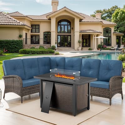 Patio Furniture Set with 43" Fire Pit Table -Blue - Brown