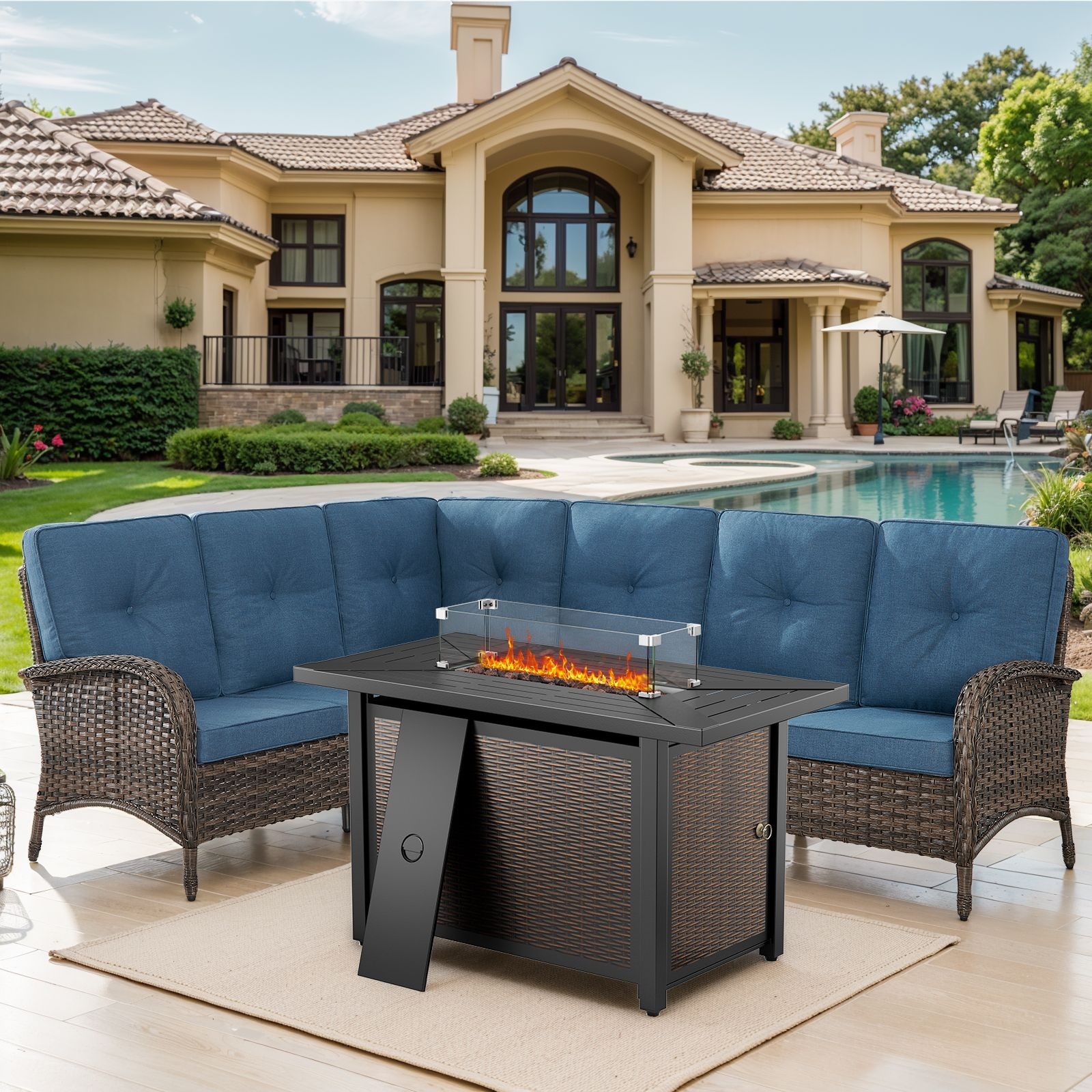 Patio Furniture Set with 43" Fire Pit Table -Blue - Brown