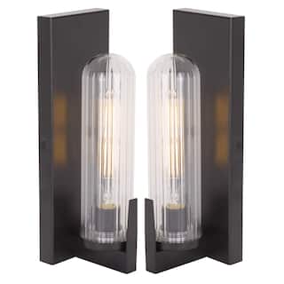 SAFAVIEH Couture Nicola 5-Inch Wall Sconce Set of 2 - Ribbed Glass Hardwired Accent Lights with LED Bulbs - 4"W x 5"D x 13"H