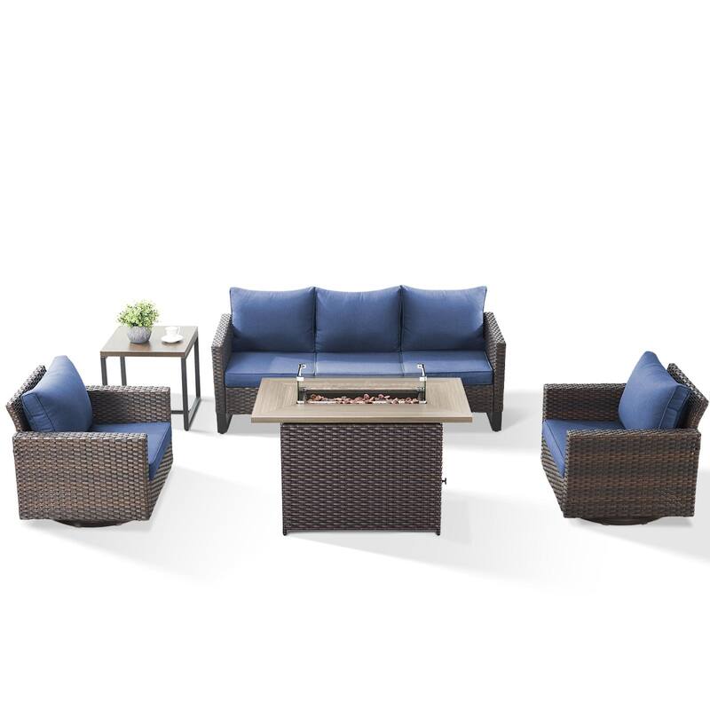 Outdoor Sofa Glider Chairs & Fire Table Brwon-Blue - Brown