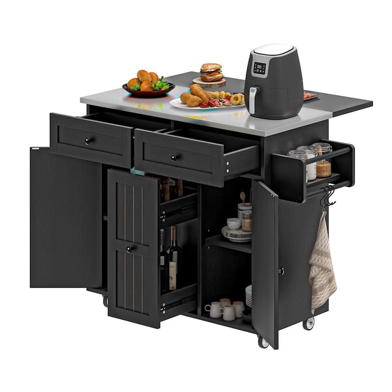 Moasis Wooden Kitchen Island with Drop Leaf Rolling Cart Extra Large Work Surface and Storage Drawers Towel Spice Rack