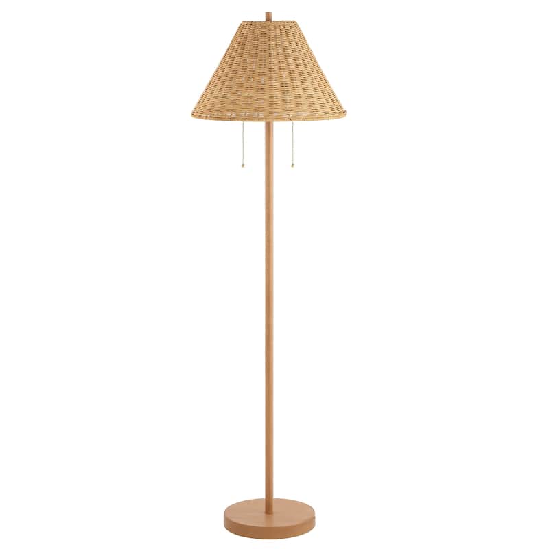 Palma 61" 2-Light Coastal Bohemian Iron/Rattan LED Floor Lamp with Pull-Chain, Brown Wood Finish by JONATHAN Y
