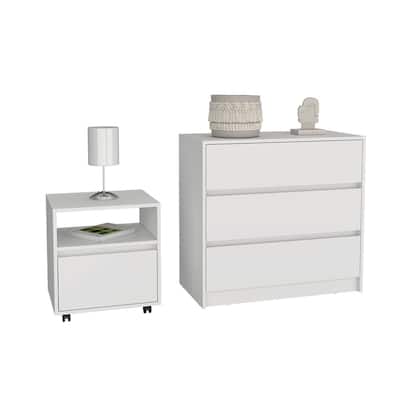2 Piece Bedroom Set with three double drawers, Nightstand + Dresser, White