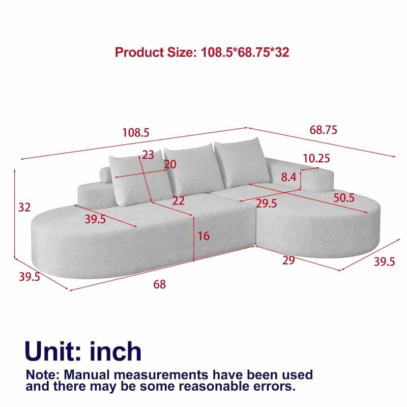 108.5" Modern Curved Chenille Upholstered Sectional Sofa with 3 Pillows