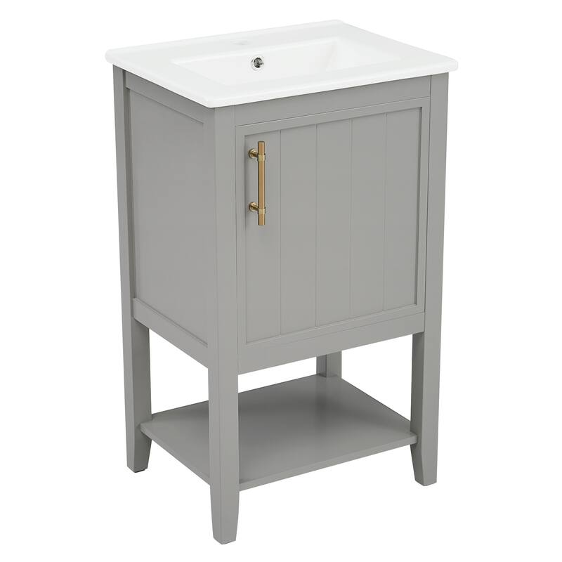 20" Bathroom Vanity with Sink, Soft Closing Door, Storage Rack & Open Shelf - Modern Grey Freestanding Cabinet