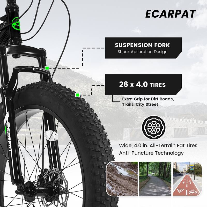 All Terrain Fat Tire Mountain Bike with 26 Inch High-Carbon Frame, Gearing, Dual Disc Brakes, Shock Absorption for Trail, Snow