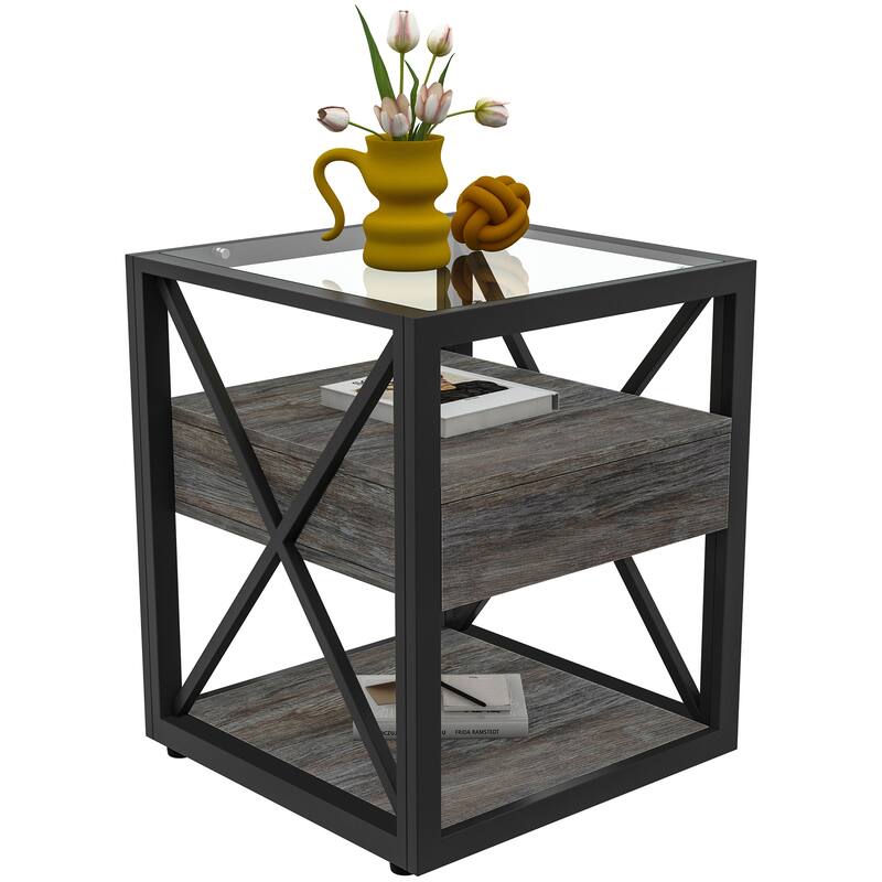 1 piece Modern End Table with Drawer - Nightstand,Rustic Wood Grain MDF& Tempered Glass Top,Industrial Style Side Table