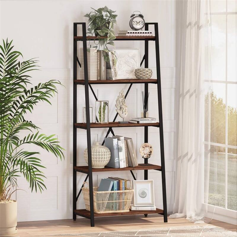 5 Tier Ladder Shelf - 14.17"D x 27.56"W x 65.55"H - Rustic Oak