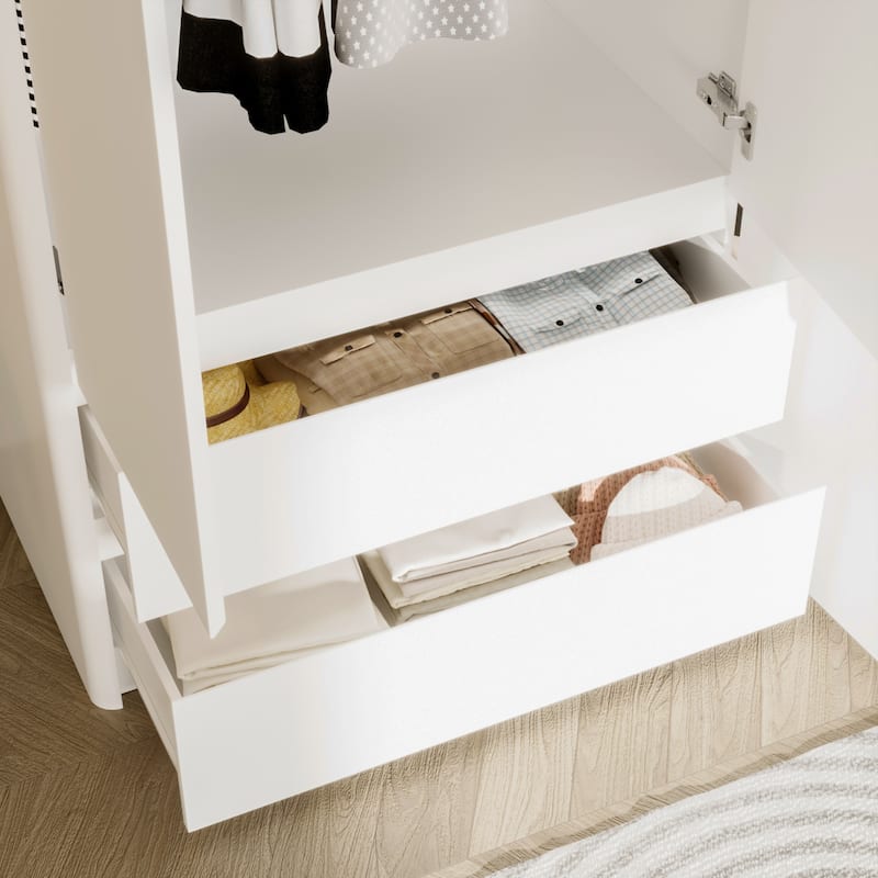 126"x70.9" Modern White Wardrobe with Hanging Rod & Two Drawers - Curved Side Design