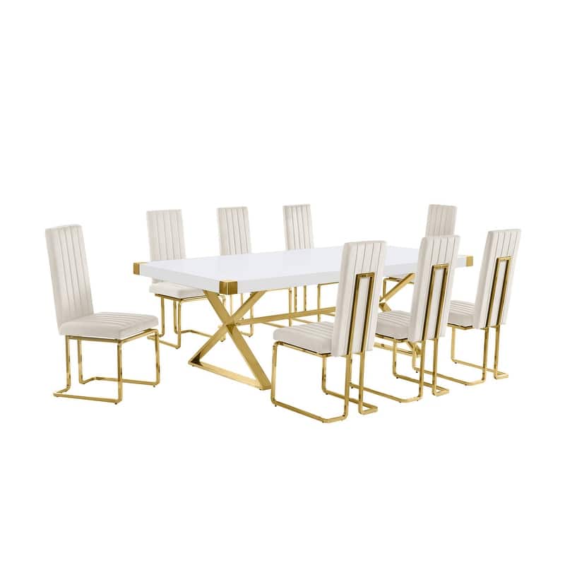 Best Quality Furniture D442/3-SC340-7 Dining Set with 94" White Lacquer Wood Top
