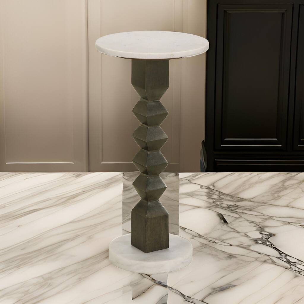 Spindle Base Table Drink Side Table, 11 Inch Round Marble, Spindle Pedestal Base, White ...