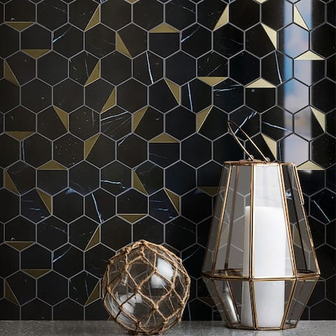 TileGen. Natural Nero 3" x 3" Marble Honeycomb Mosaic in Black/Gold Wall Tile (10 sheets/8.4 sqft.)