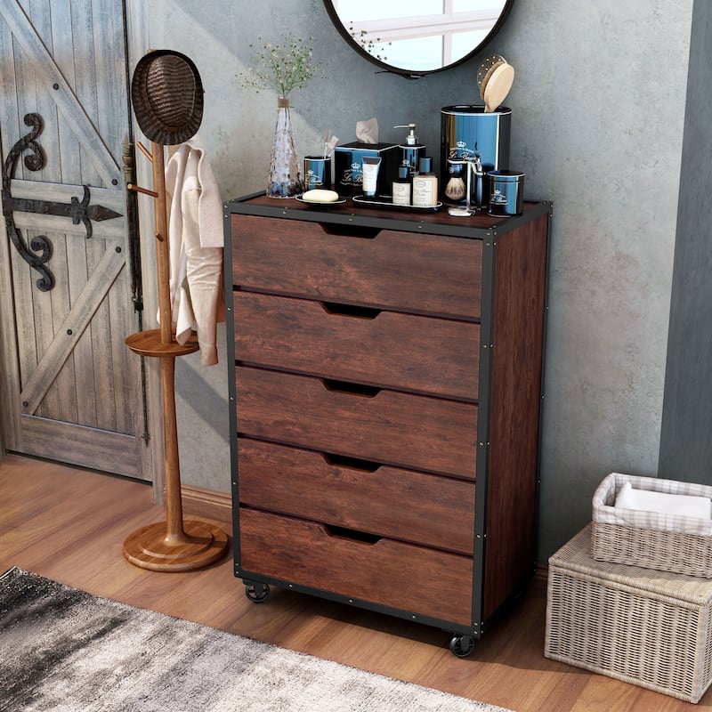 Aurville Vintage Walnut 5-Drawer Mobile Chest by Furniture of America