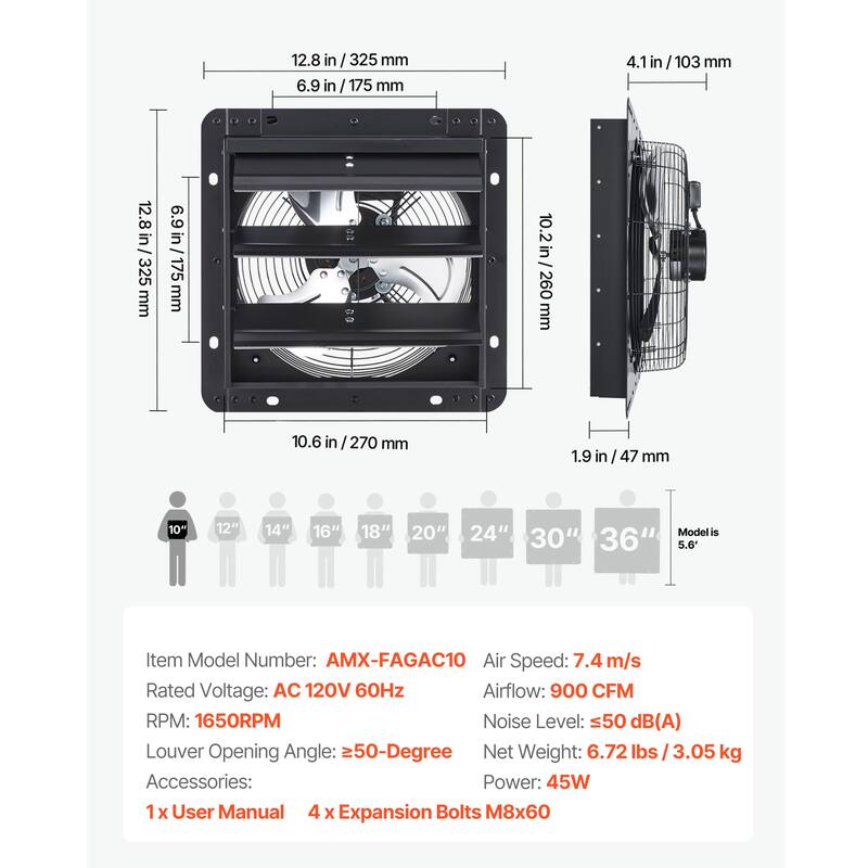 10 inch Shutter Exhaust Fan, Wall Mounted Attic Vent Fan with Variable Speed Controller, 900 CFM, AC Motor, Low Noise for Shed