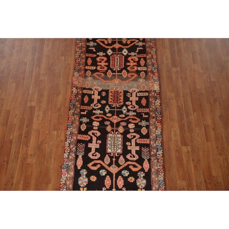 Black Tribal Meshkin Persian Vintage Runner Rug Handmade Wool Carpet - 3'2"x 9'3"