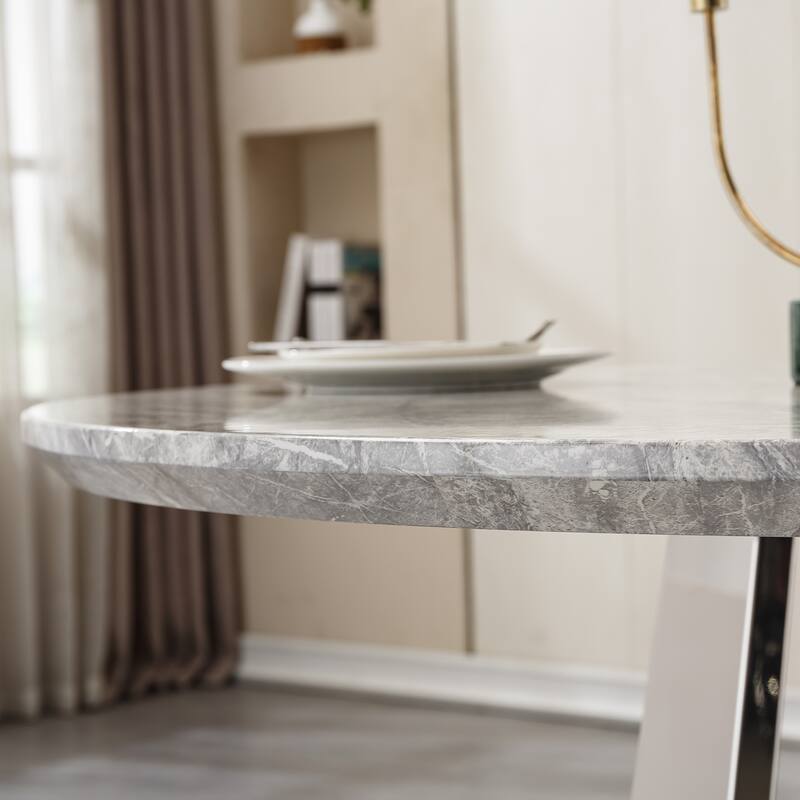 47" Round Dining Table with Faux Marble Tabletop and Stainless Steel Base - Gray+Silver