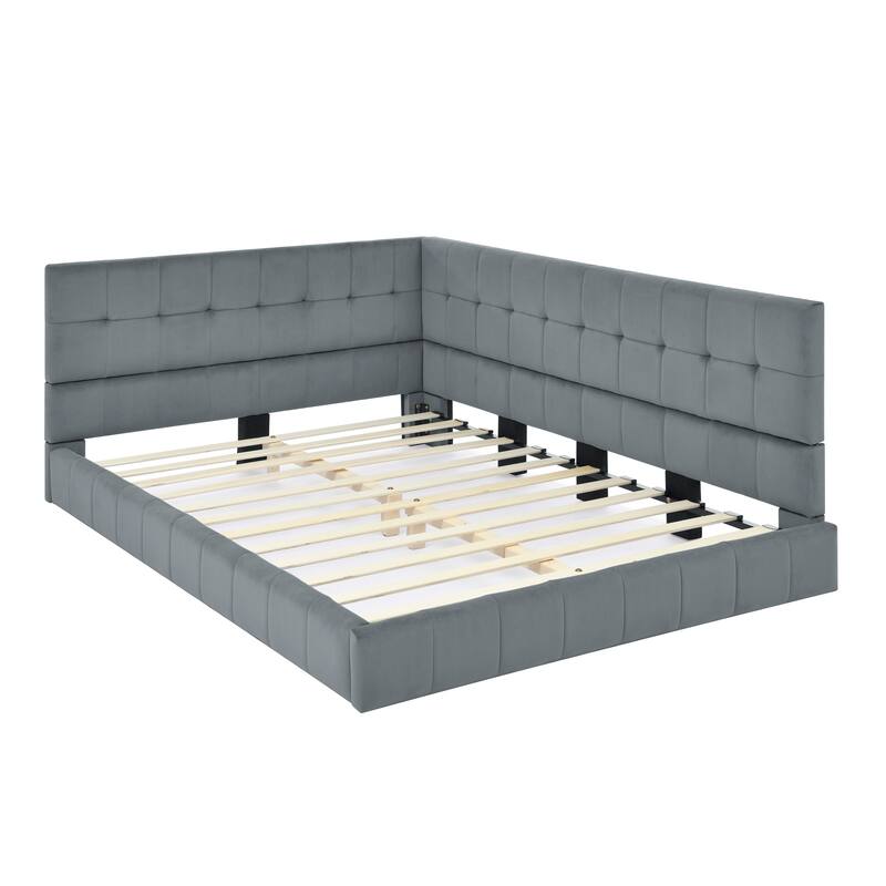Full Size Upholstered Tufted Bed Frame, Sofa Bed Frame with Comfortable Backrest and Armrests