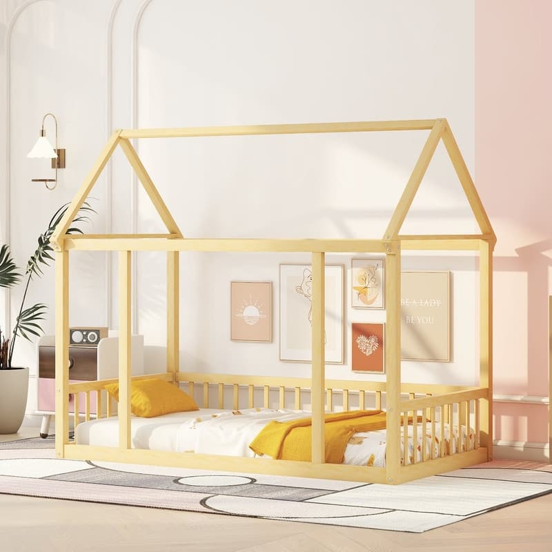 Wooden Floor Bed with House Roof Frame and Safety Guardrails,Twin/Full Size