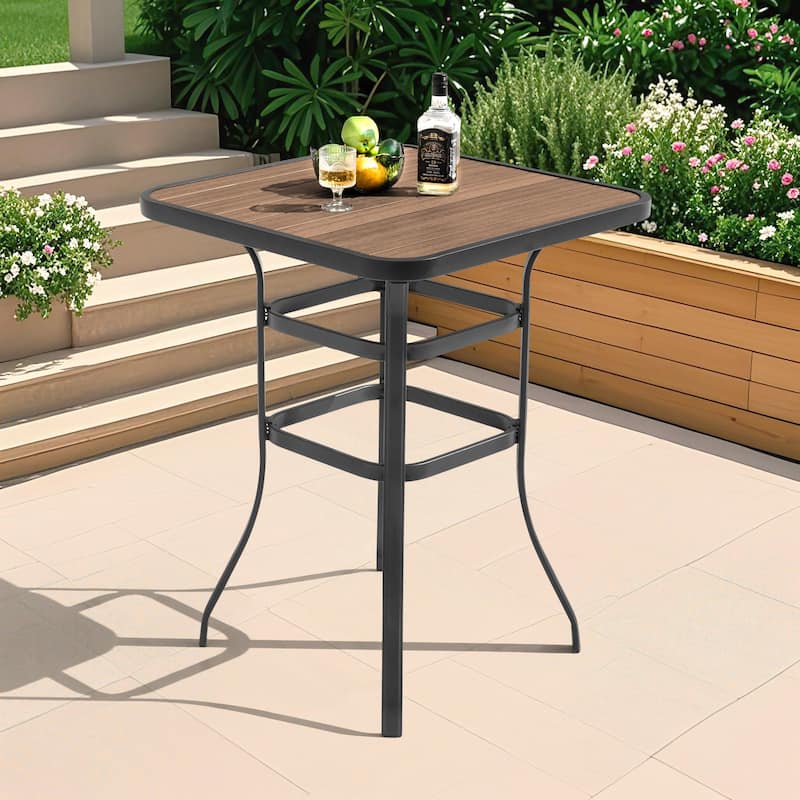 Outdoor Square Height Bar Table with Faux Wood Tabletop, Brown