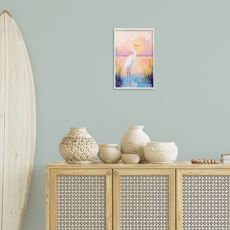 Stupell Egret under Beaming Sunset Framed Giclee Art Design By Arlington Prints