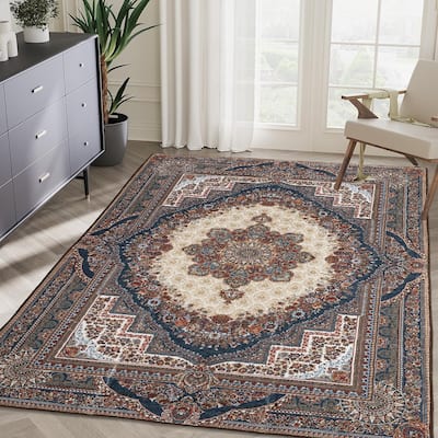 Area Rug 5x7 Vintage Bohemia Large Persian Non-slip Washable Rug For Living Room Kitchen Bedroom Flower Design Reddish Brown
