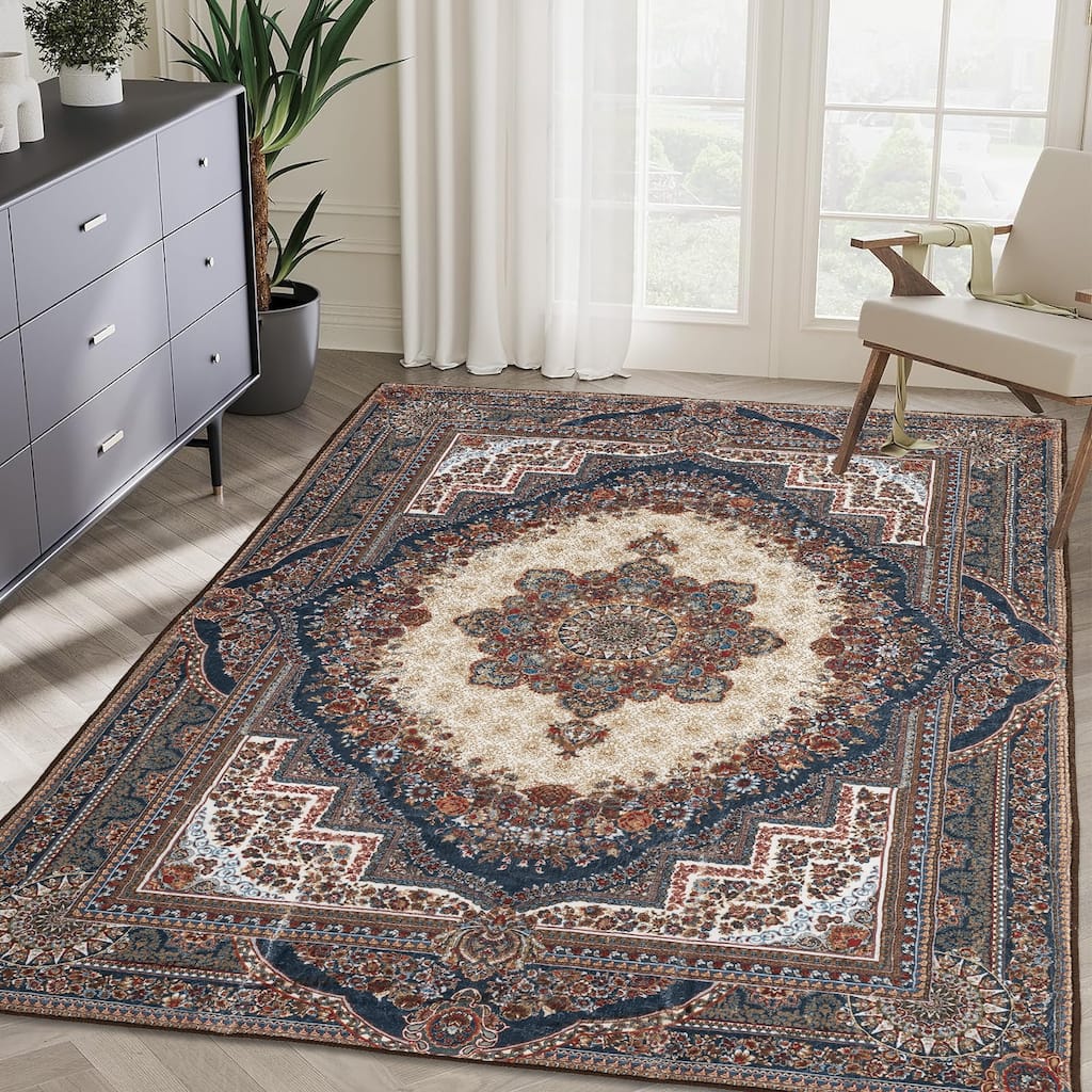 Area Rug 5x7 Vintage Bohemia Large Persian Non-slip Washable Rug For Living Room Kitchen Bedroom Flower Design Reddish Brown