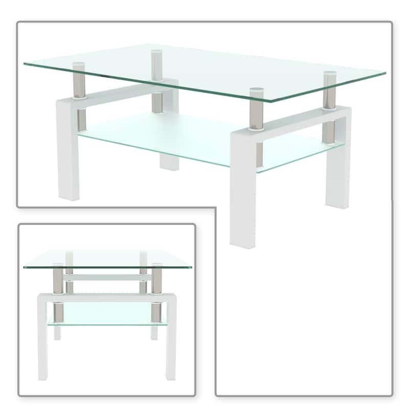 Modern Minimalist Rectangular Coffee Table with Glass Top and Bottom Shelf