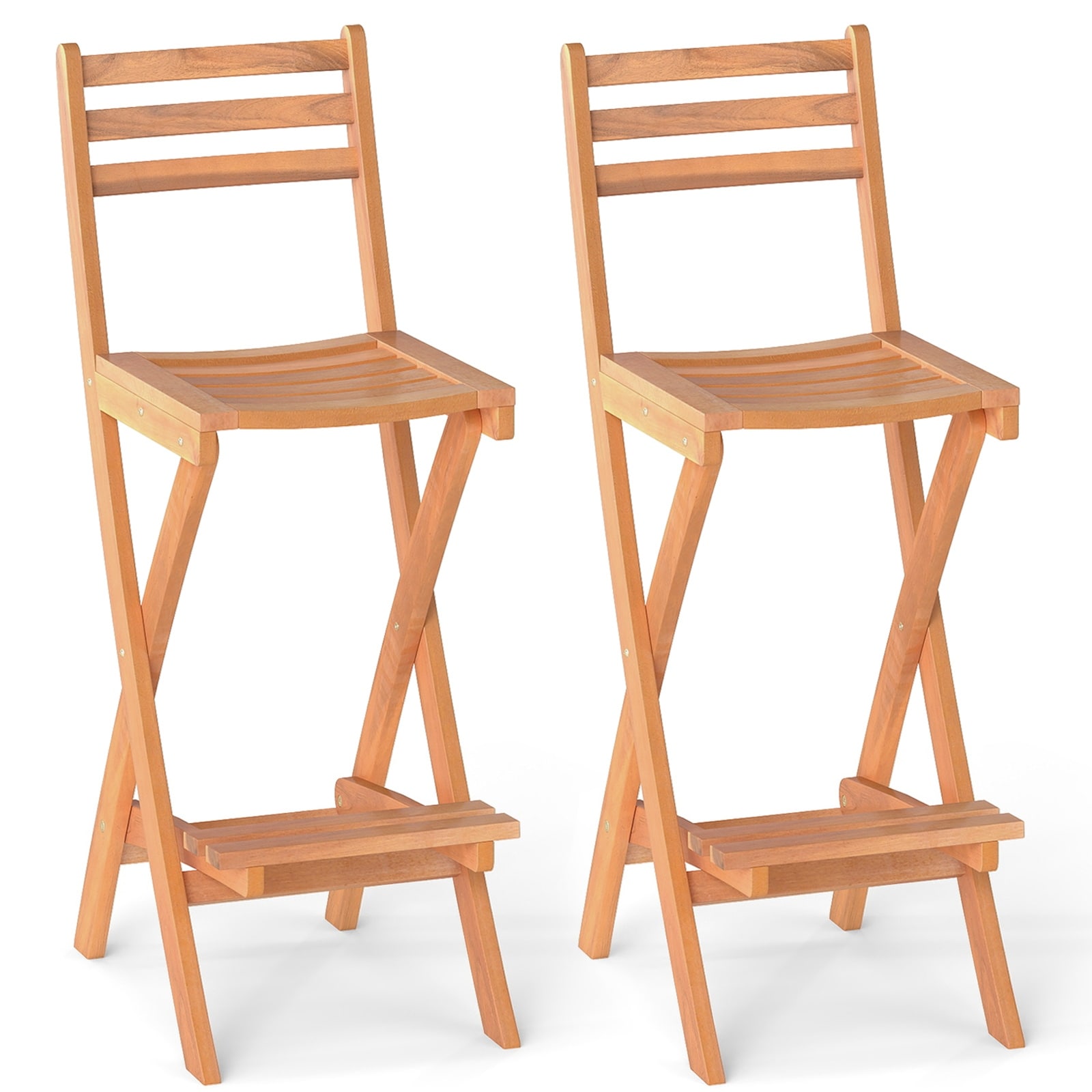 Gymax Outdoor Folding Bar Stools Set of 2 w/Backrest Footrest Wooden