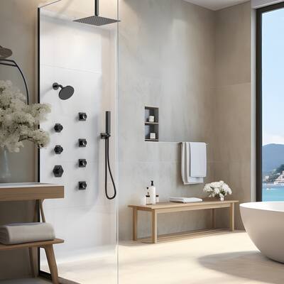Dual Shower Head 12" Rainfall &High Pressure 6"Thermostatic Shower System with 2 Function Handheld Shower and 4 Body Sprays