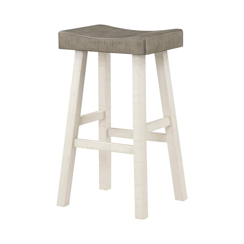 Casy 30 Inch Bar Height Stool, Gray Saddle Seat, White Rubberwood Frame