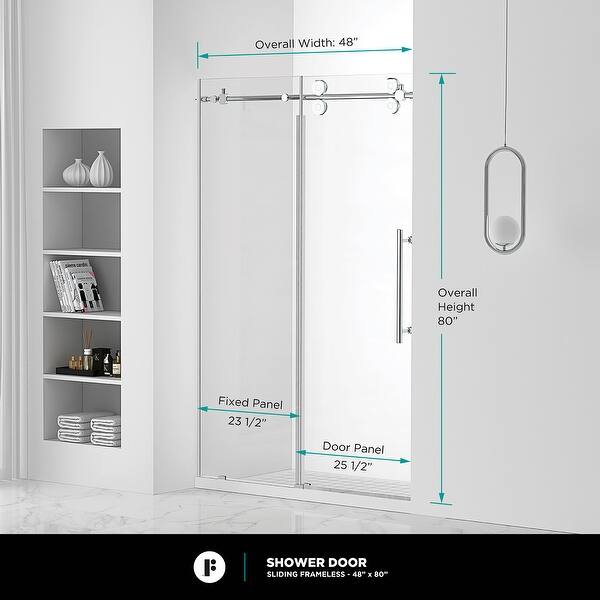 dimension image slide 18 of 25, Fine Fixtures Frameless Clear Sliding Bathroom Shower Door
