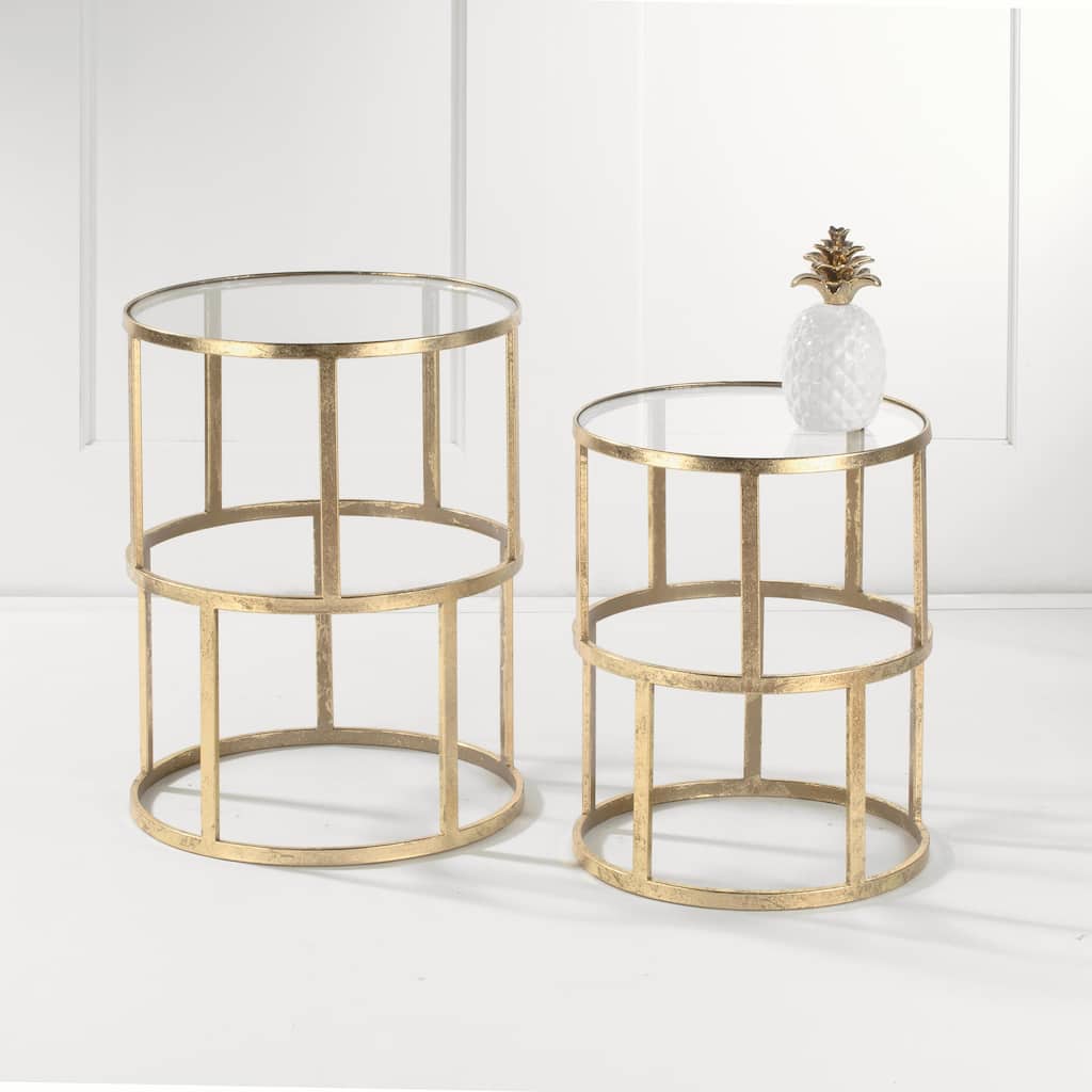 2 Piece Gold Metal Accent Tables with Glass Top