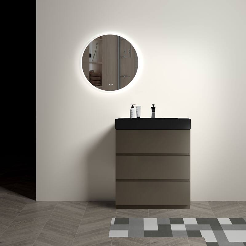 GDFStudio - Alice Walnut Freestanding Bathroom Vanity with One-Piece Matte Black Sink, Modern Handle-Free Design, Pre-Assembled