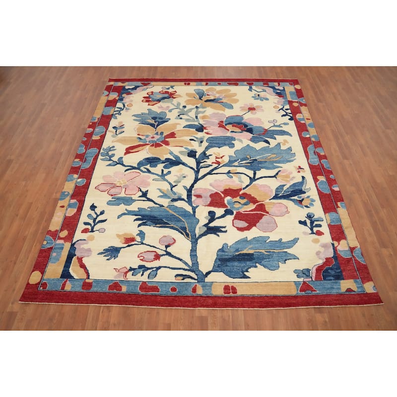 Hand Knotted Oriental 100% Wool Carpet Transitional Floral Beige & Ivories Oushak Area Rug - 9' 8'' X 8' 6''