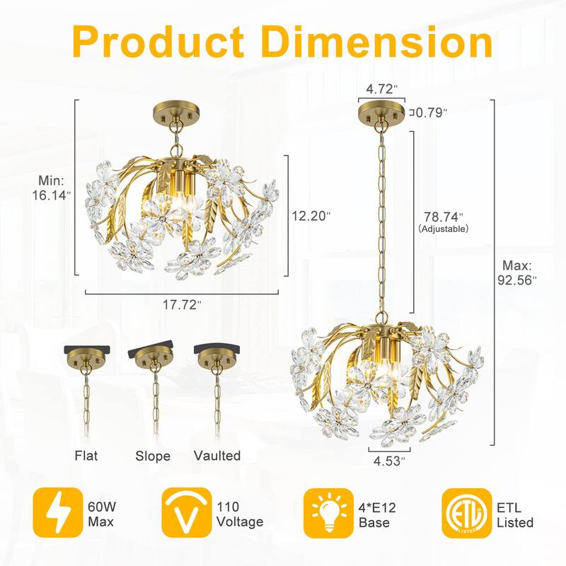 Brushed Gold 4-Light Branch Chandelier with Crystal Floral Accents - Dia.17.72-in