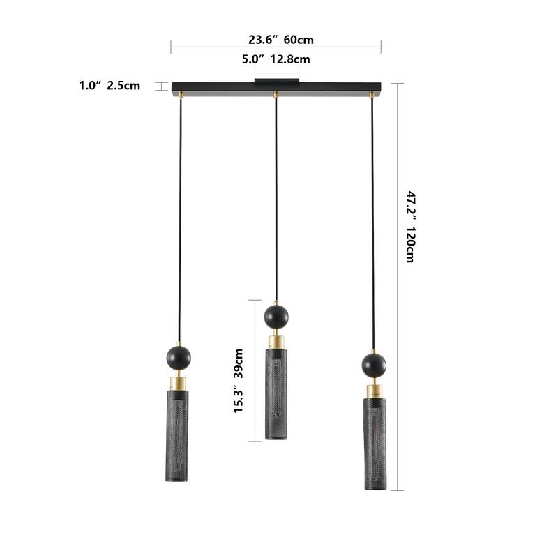 25" Modern 3-Light Pendant Chandelier, Adjustable Hanging Lights Cylindrical Mesh Shades, Ideal for Dining Room,Living Room