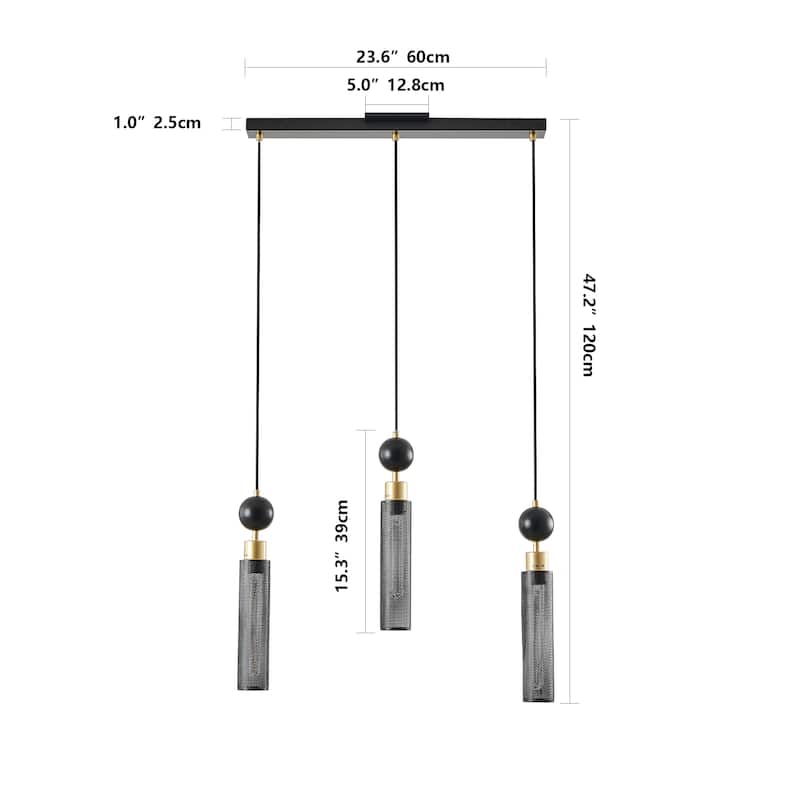 Modern Black and Gold 3-Light Adjustable Pendant Light with Cylindrical Mesh Shades, E26 Base, for Dining Room and Living Room