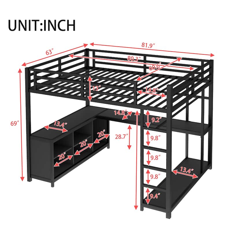 Metal Loft Bed with Wardrobe and L-shaped Desk, Queen Size Loft Bed with Storage Cubes and Shelves, Loft Bed
