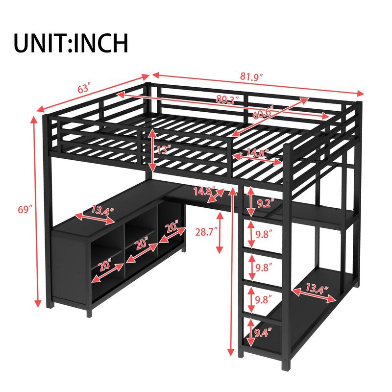 Roomfitters Queen Size Metal Loft Bed with Wardrobe & L-Shaped Desk, Storage Cubes & Shelves, Space-Saving Frame, Black