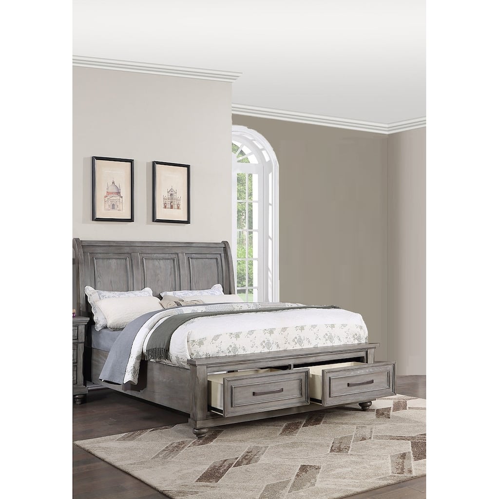 Traditional Style 1pc Bed Set Underbed Drawers Bun Feet Light Gray Finish