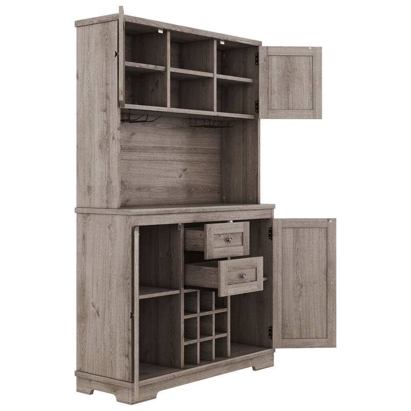 Farmhouse Home Bar Wine Storage Cabinet, Buffet Sideboard Kitchen Pantry with Adjustable Shelves, Drawers & Wine Glass Racks