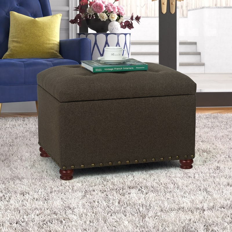 Adeco Norsup Grey Blended Linen Storage Ottoman Footstool