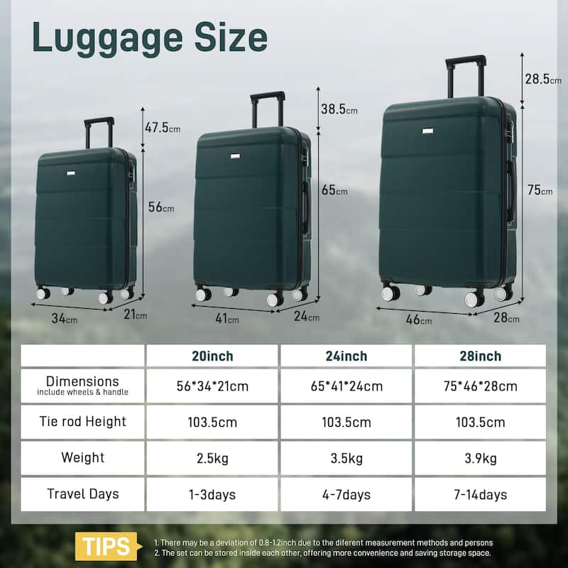 3-Piece, Modern Luggage Sets, Hard-Shell Luggage with Silicone Handles and Combination Lock, for Boarding Travel, Dark Green